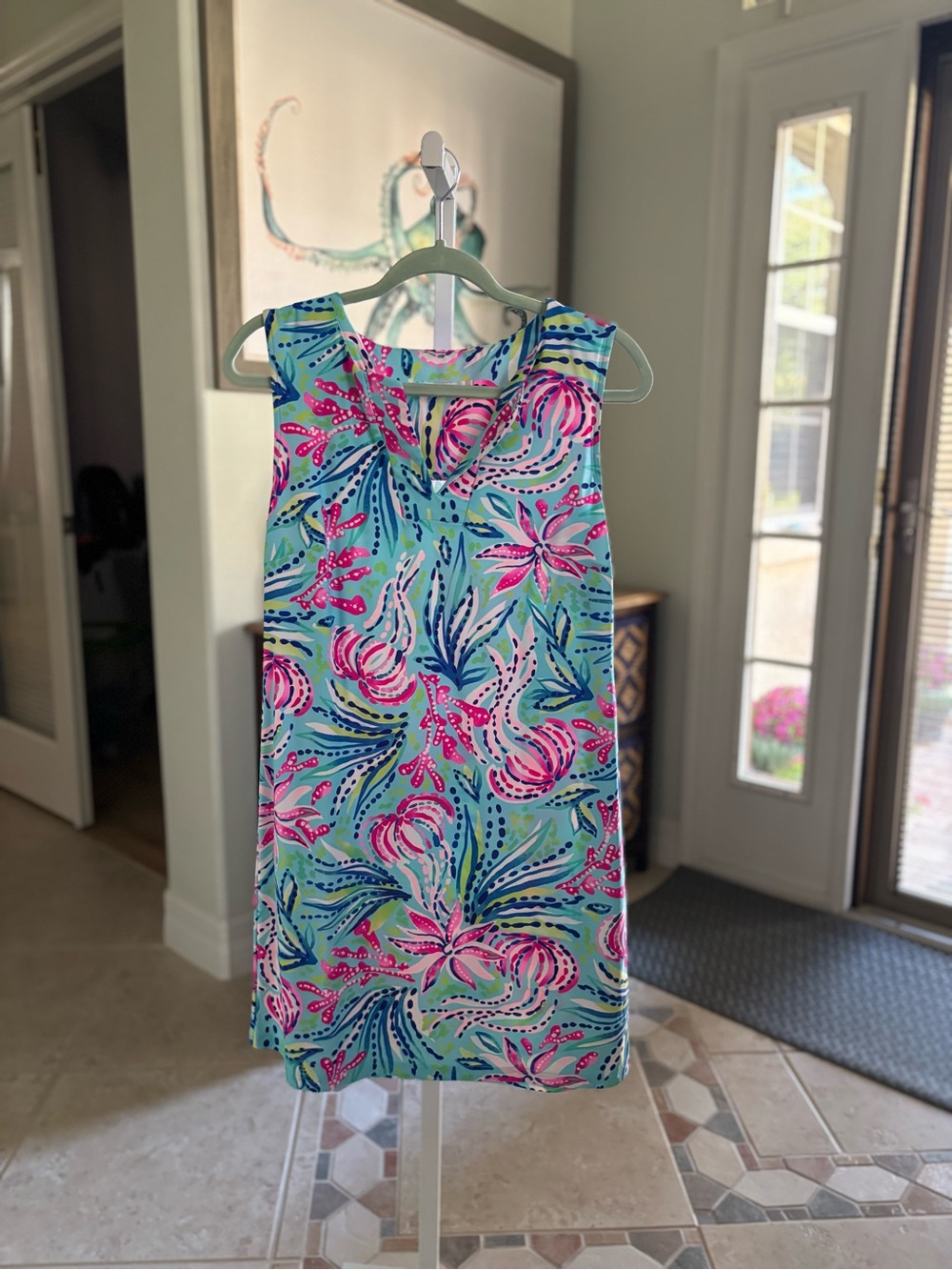 #082 Aryeh Aqua Shift Dress with Pink & Navy Floral Print